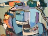 abstract painting of a boat in a harbor with buildings in the background