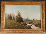 an oil painting of a mountain scene with a stream in the foreground