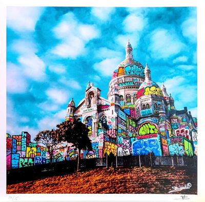 an image of a painting of a church with a lot of graffiti on it