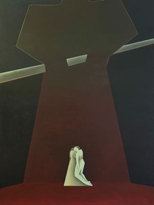 an image of a painting of a person sitting on a red surface