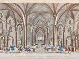 a drawing of a church with people standing in it