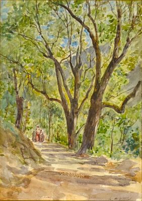 une image représentant un tableau où l'on voit des personnes marchant sur un sentier dans les bois