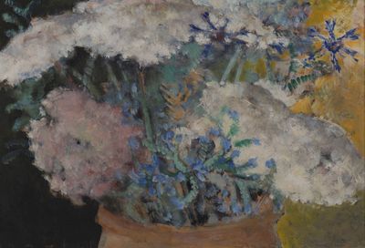 a painting of flowers in a vase on a table