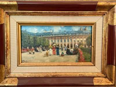 une peinture à l'huile représentant un groupe de personnes dans une cour, avec un bâtiment en arrière-plan