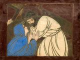 tableau représentant Jésus et une femme vêtue d'une robe bleue, avec une croix en arrière-plan