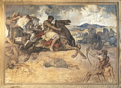 un tableau représentant un homme à cheval poursuivi par un autre homme à cheval