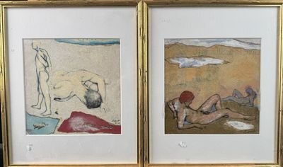 two framed pictures of a man and a woman on the beach