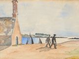un tableau représentant deux hommes marchant devant une église