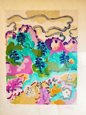 tableau représentant un paysage coloré, dans un cadre blanc