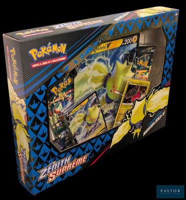 La boîte du jeu de cartes Pokémon est ouverte et prête à l'emploi.