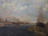 a painting of a harbor scene with ships in the water