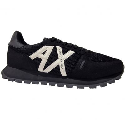sneakers with logo on the side, black and silver