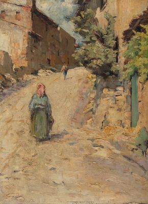 tableau représentant une femme marchant sur un chemin de terre dans un village