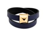 a close up of a black leather bracelet with a gold metal clasp