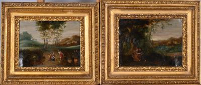 deux tableaux représentant un homme et une femme dans un décor boisé