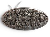an image of a silver plate with flowers on it on a white surface