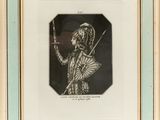 a black and white drawing of a man holding a sword