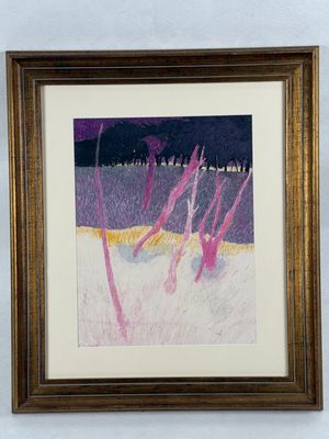 painting of a field with purple grass and trees in the background