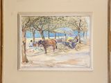 painting of a horse and buggy on a street with people in the background