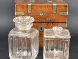 pair of antique cut glass decanters with wooden box