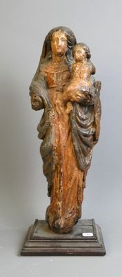 statue représentant une femme tenant un enfant dans ses bras, posée sur un socle en bois