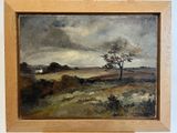 une peinture à l'huile représentant un paysage avec un arbre solitaire au premier plan