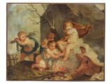 une image représentant un tableau où l'on voit un groupe d'enfants assis autour d'un feu de camp
