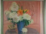 a painting of flowers in a blue vase on a table