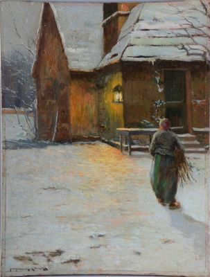 une peinture à l'huile représentant une femme marchant dans la neige devant une maison