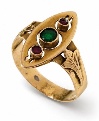 an image of a gold ring with green and red stones