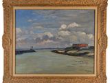 une image d'une peinture représentant une scène de plage avec un bateau dans l'eau