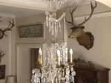 a chandelier in the middle of a room with deer heads on the wall