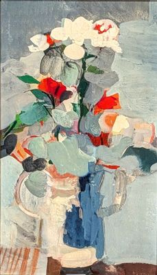 a painting of flowers in a vase on a table