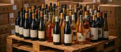 many bottles of wine sitting on a wooden pallet