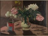 a painting of flowers in a vase on a table