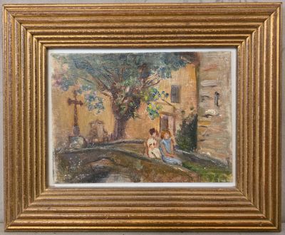 une peinture à l'huile représentant une femme assise sur un pont devant un immeuble