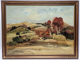 an oil painting of a landscape with trees in the foreground
