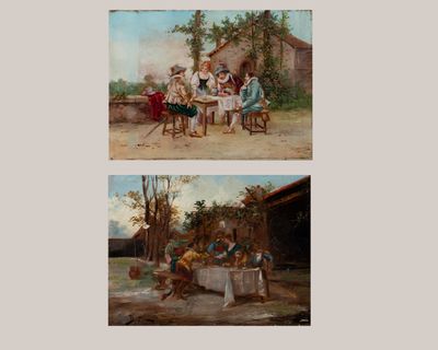 trois tableaux représentant des personnes assises à une table devant une maison