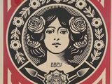 affiche représentant une femme avec une rose dans les cheveux, accompagnée de la devise « Make art, not war »