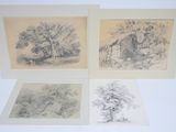 trois dessins encadrés représentant des arbres et une grange dans un champ