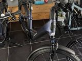 Plusieurs vélos sont alignés dans une pièce où est accrochée une peinture au mur.