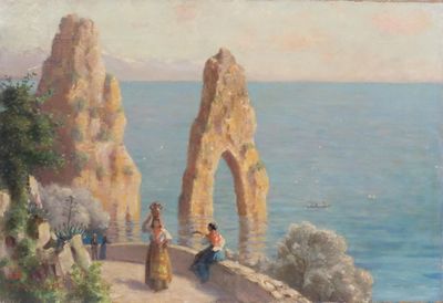 un tableau représentant un groupe de personnes marchant sur un sentier au bord de l'eau