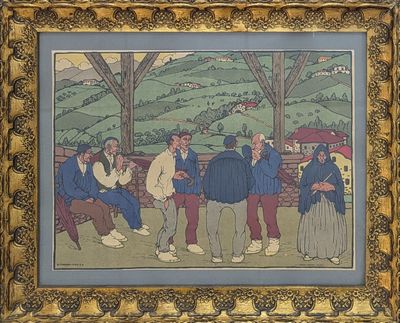 painting of a group of people sitting on a bench in a park
