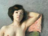 a painting of a nude woman sitting on a bed