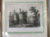 tableau encadré représentant un château devant lequel est assise une femme