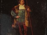 un vieux tableau représentant un homme vêtu d'un costume vert et tenant une canne