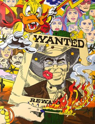 poster of a man holding a sign with a bunch of cartoon characters on it