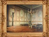 painting of a painting of a room with a chair and a chandelier