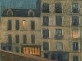 peinture représentant une ville la nuit, avec des bâtiments éclairés par les lampadaires