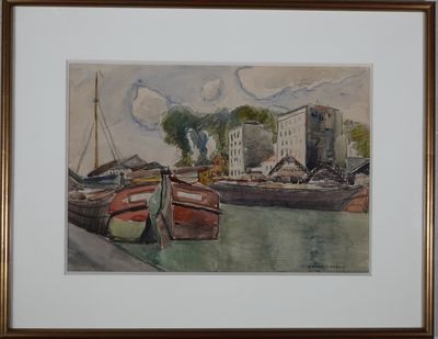 HERAN CHABAN (1887-1939) Péniches accostées, aquarelle.